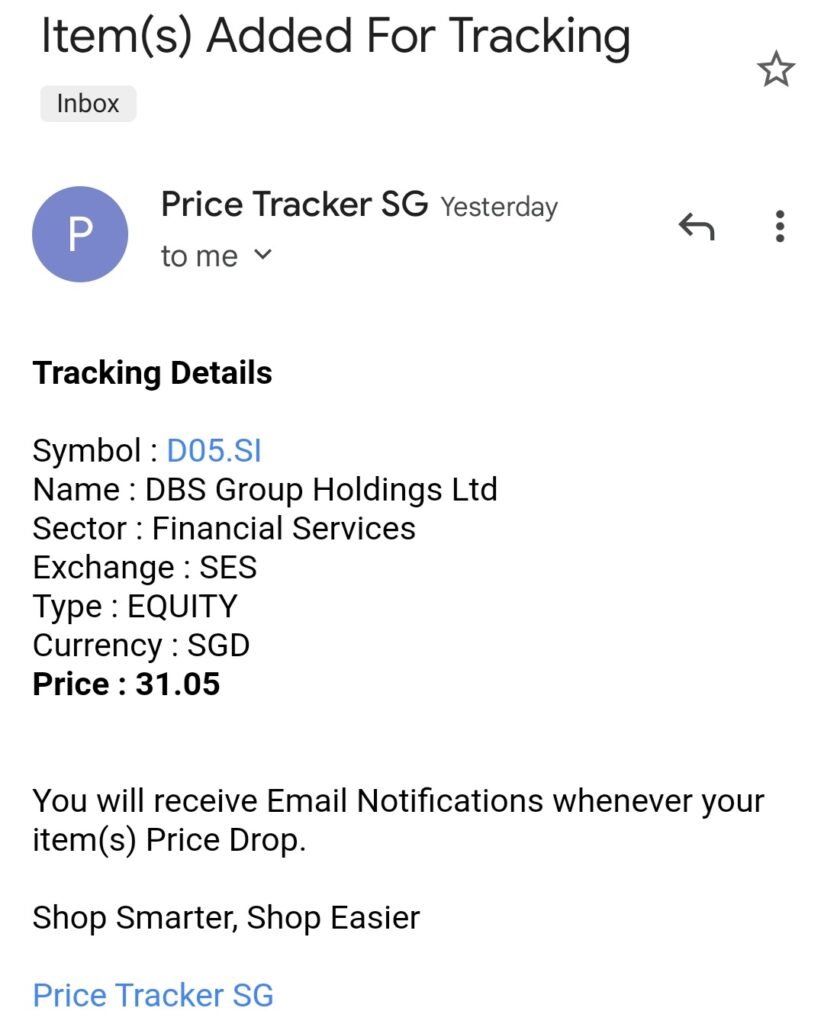 Finance Tracker Email Notification Price Tracker SG Website Edition